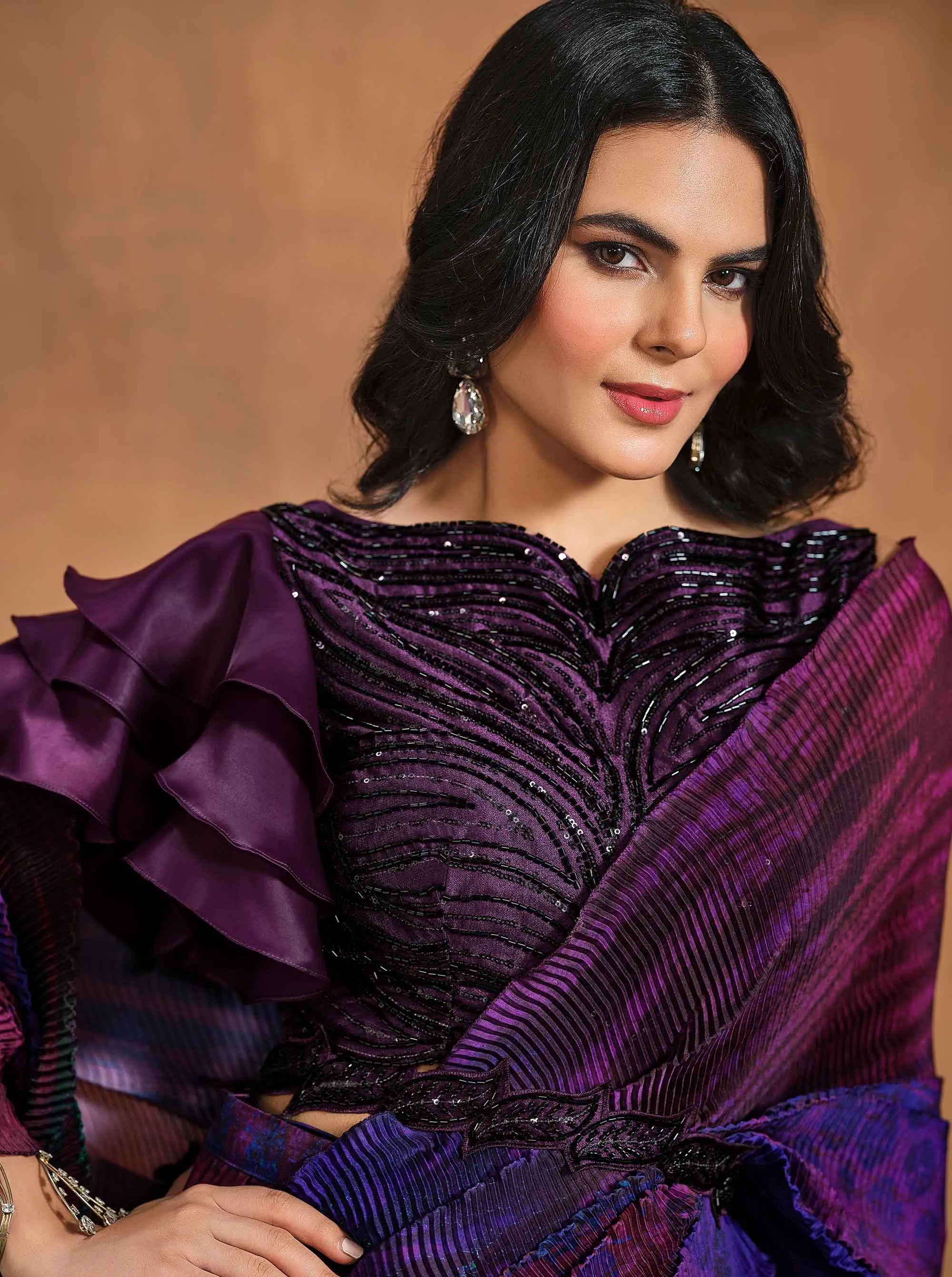 Wine Berry Digital Print Draped Saree With Hand Work Blouse - qivii