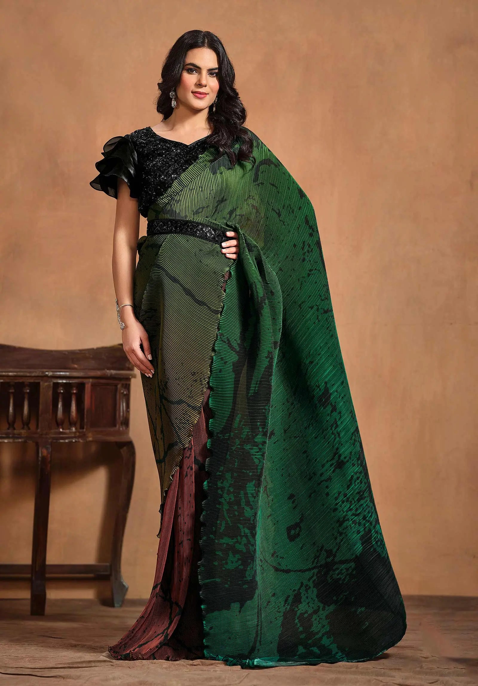 Green With Multi Color Digital Print Ready To Wear Saree With Hand Work Blouse - qivii
