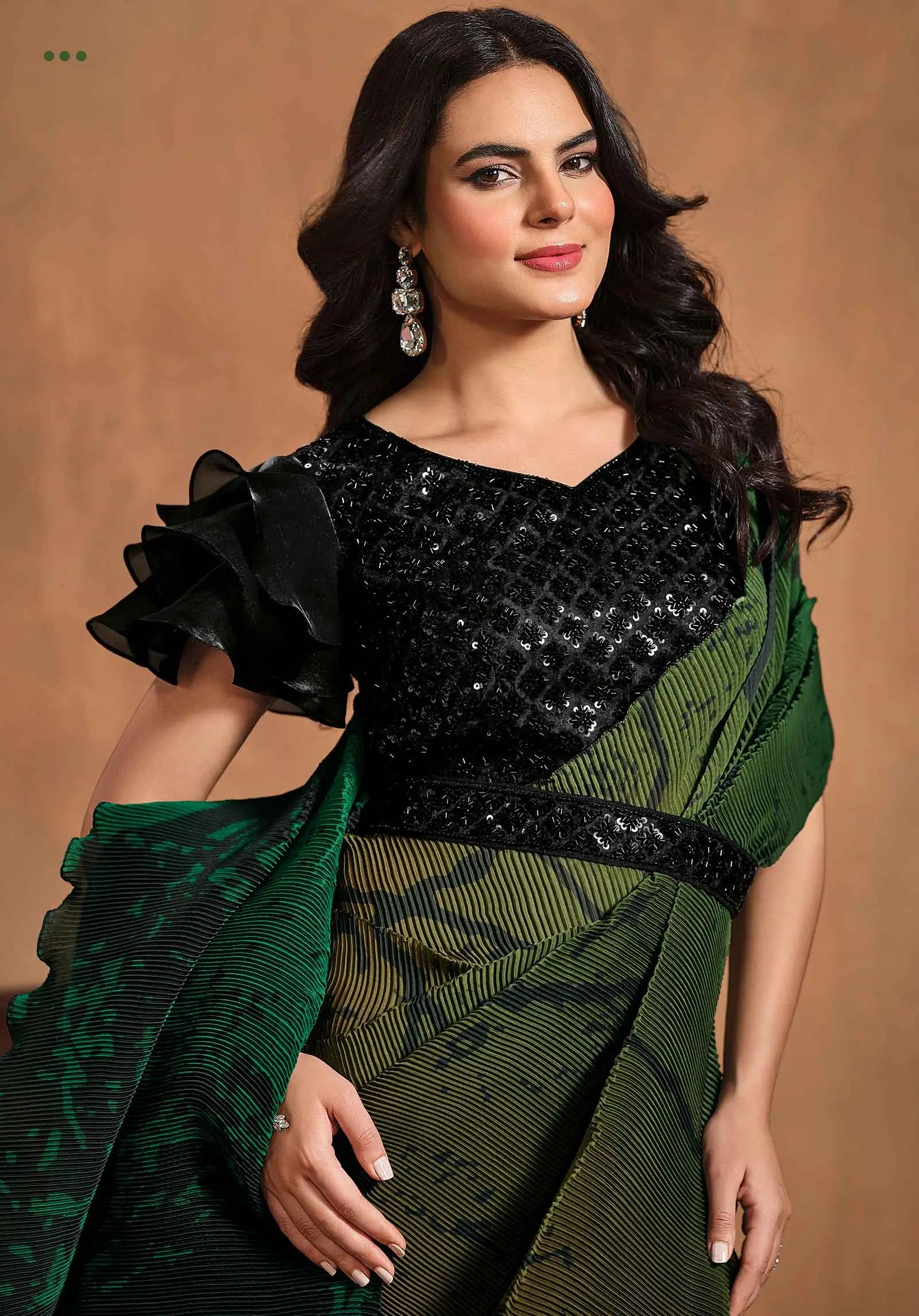 Green With Multi Color Digital Print Ready To Wear Saree With Hand Work Blouse - qivii