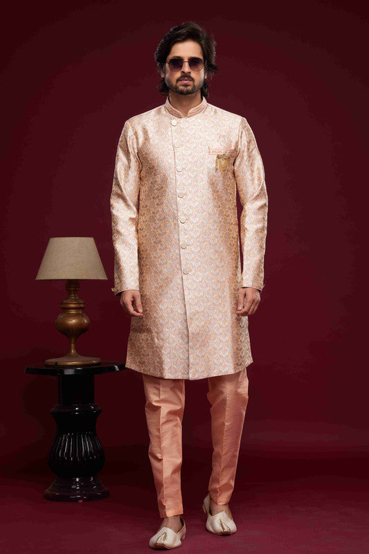 Men's Banarasi Jacquard Embroidery Semi Indo Western Sherwani In Peach Colour