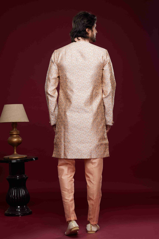 Men's Banarasi Jacquard Embroidery Semi Indo Western Sherwani In Peach Colour