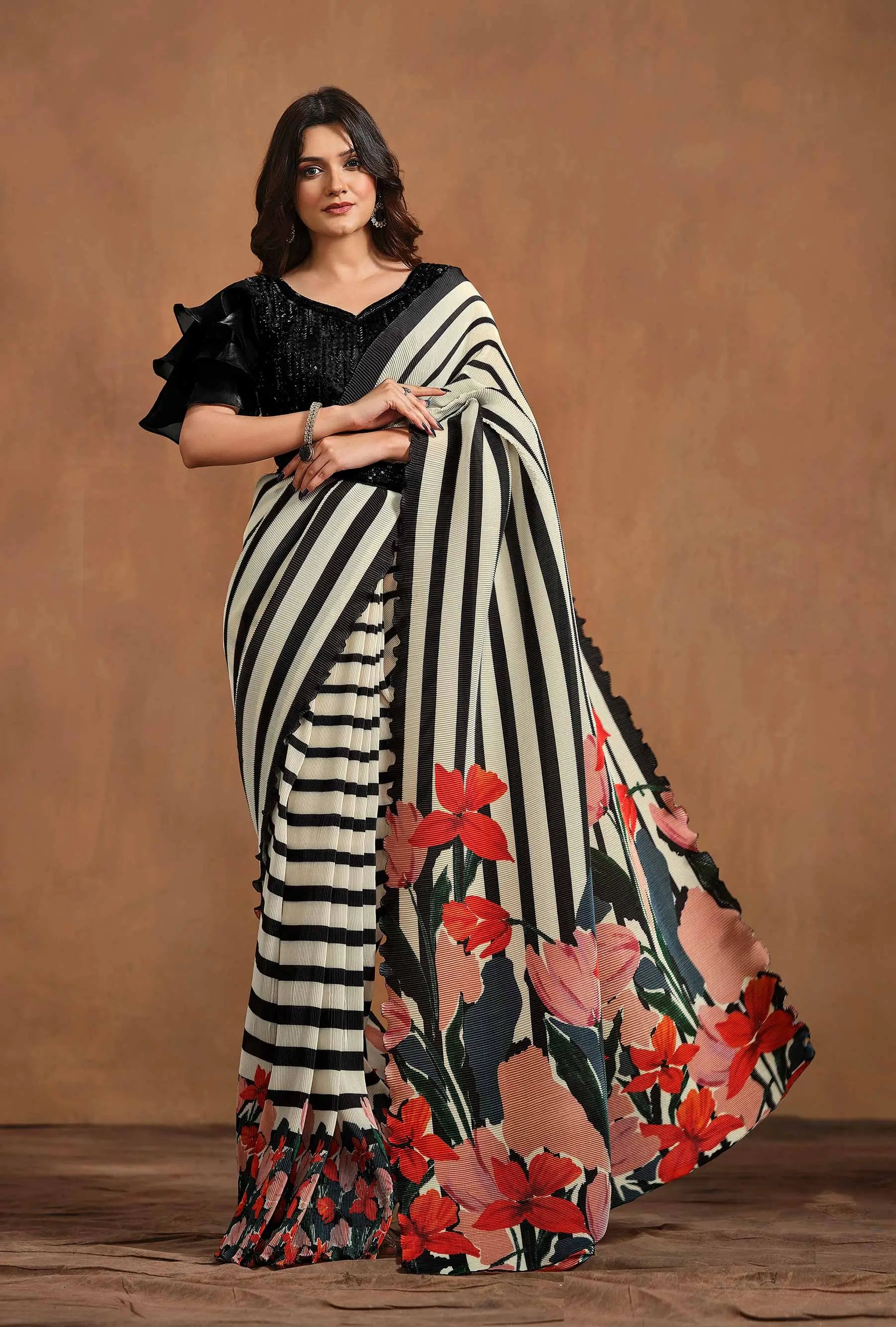 Black And White Floral Digital print Ready To Wear Saree With Hand Work Blouse - qivii