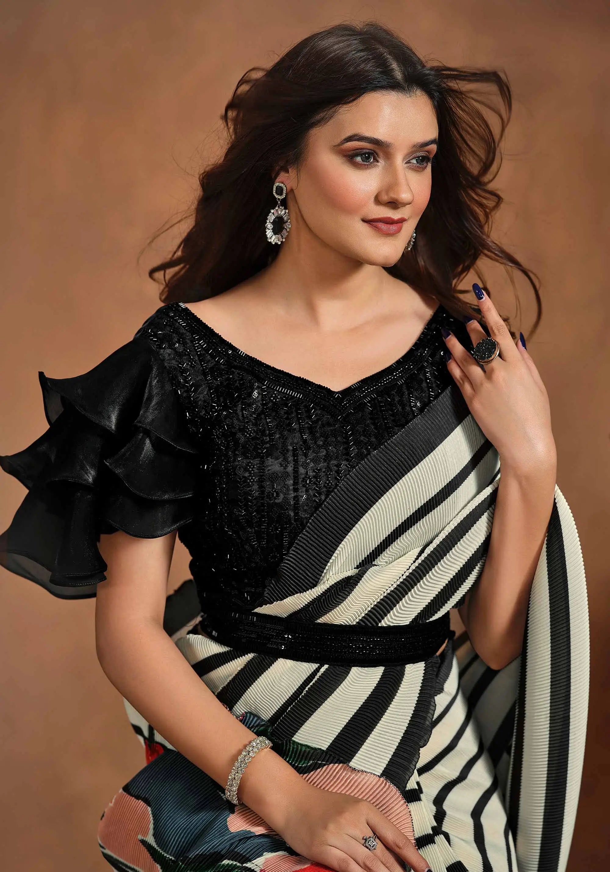Black And White Floral Digital print Ready To Wear Saree With Hand Work Blouse - qivii