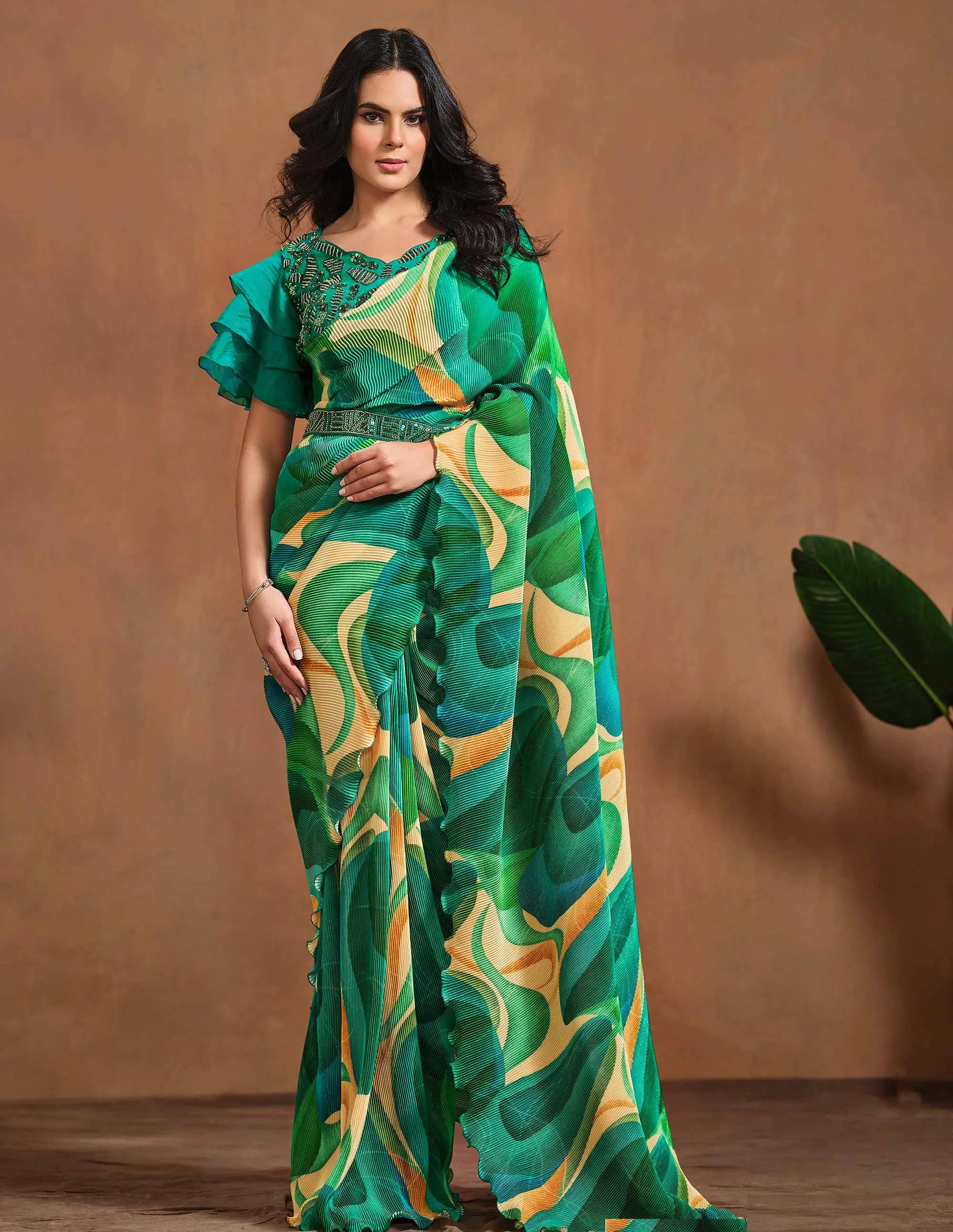 Bottle Green Digital Print Ready To Wear Saree With Hand Work - qivii