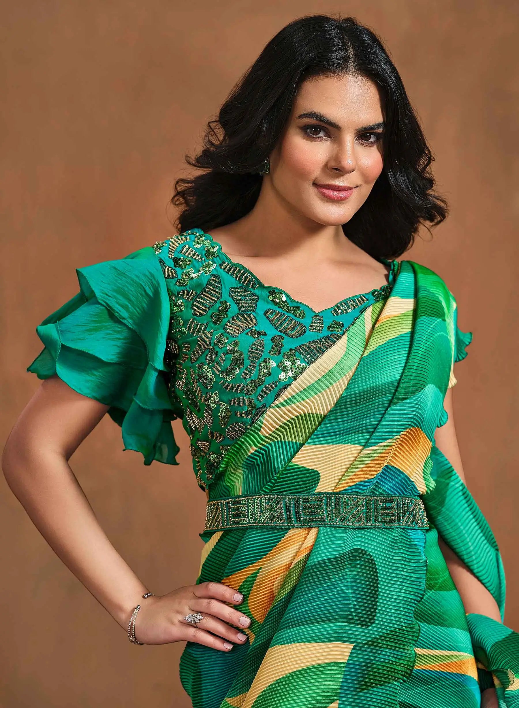 Bottle Green Digital Print Ready To Wear Saree With Hand Work - qivii