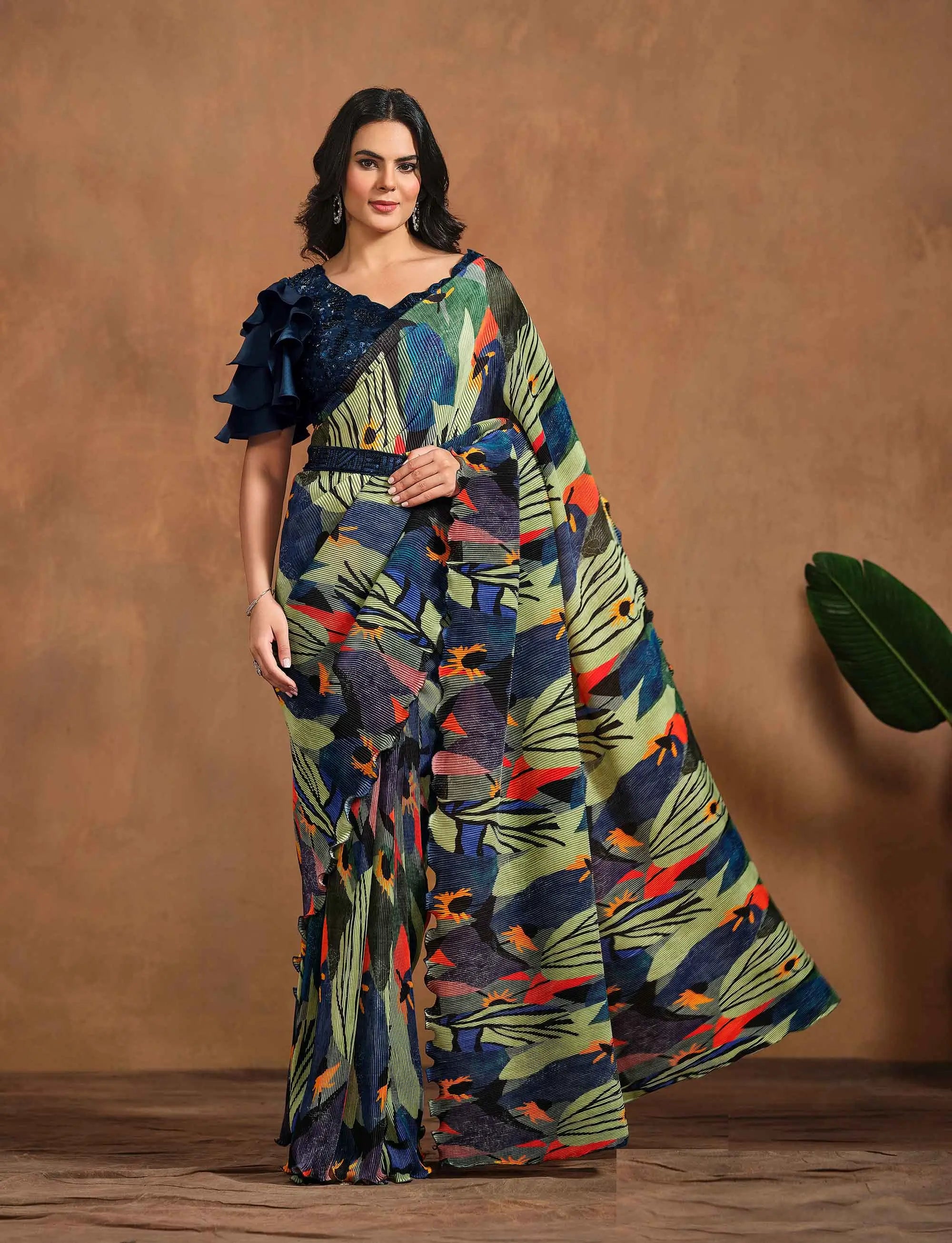 Olive Green With Multi Color Digital Print Ready To Wear One Minute Saree - qivii