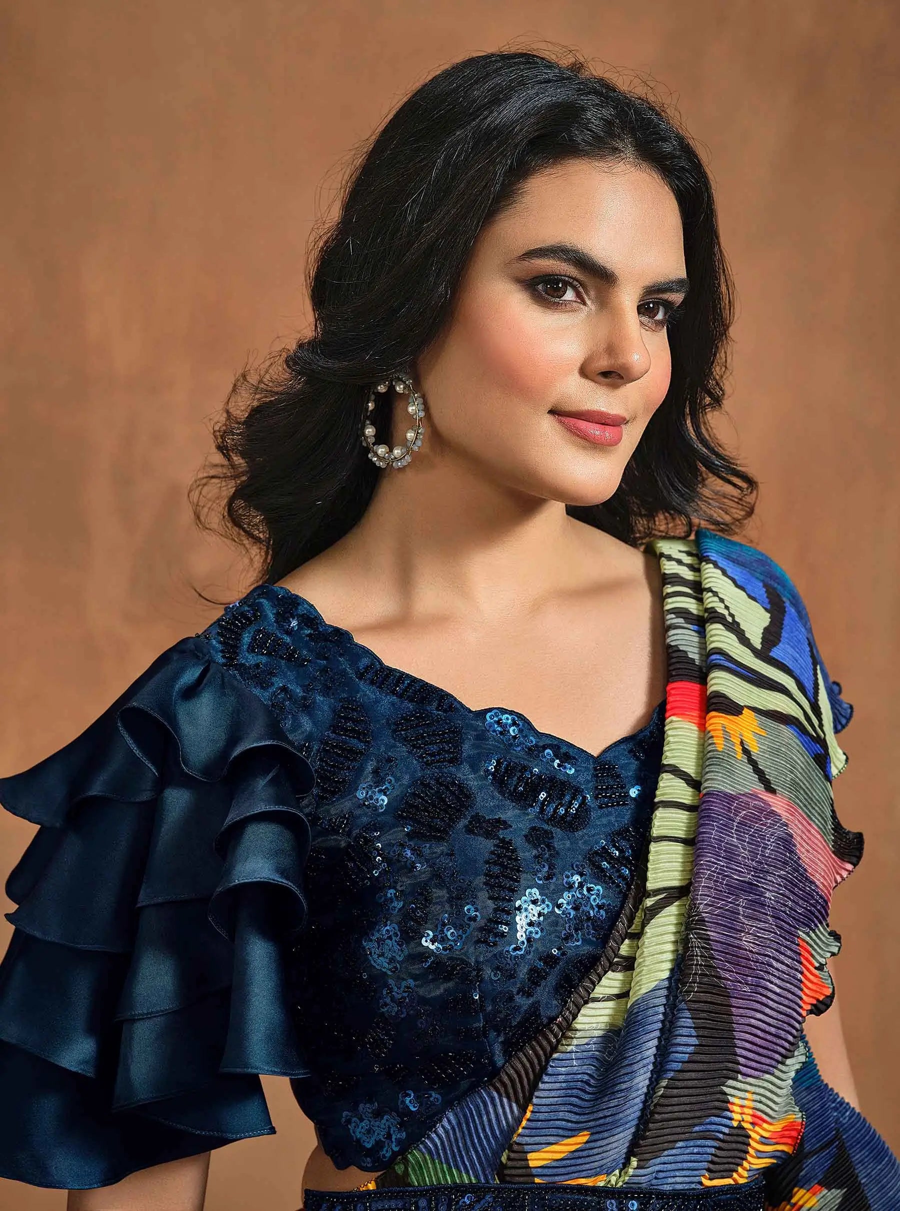 Olive Green With Multi Color Digital Print Ready To Wear One Minute Saree - qivii