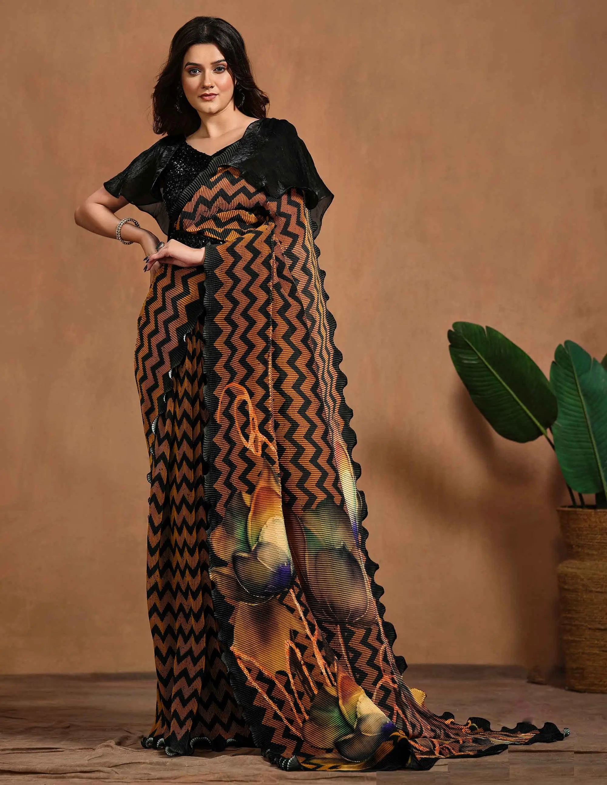 Brownish Orange Digital Print One Minute Saree With Hand Work Blouse - qivii