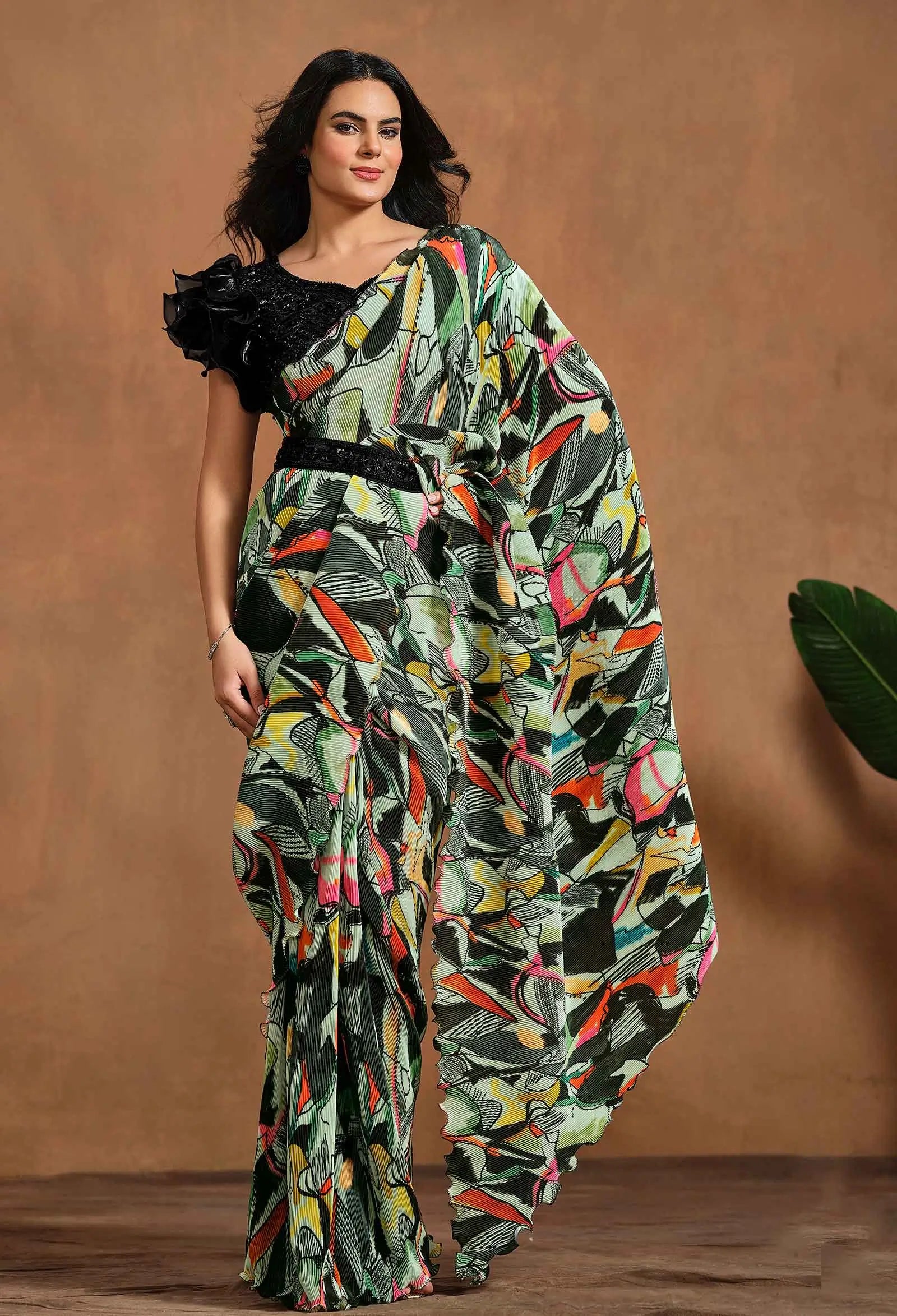 Multi Color Digital Print Ready To Wear Saree With Hand Work Blouse - qivii