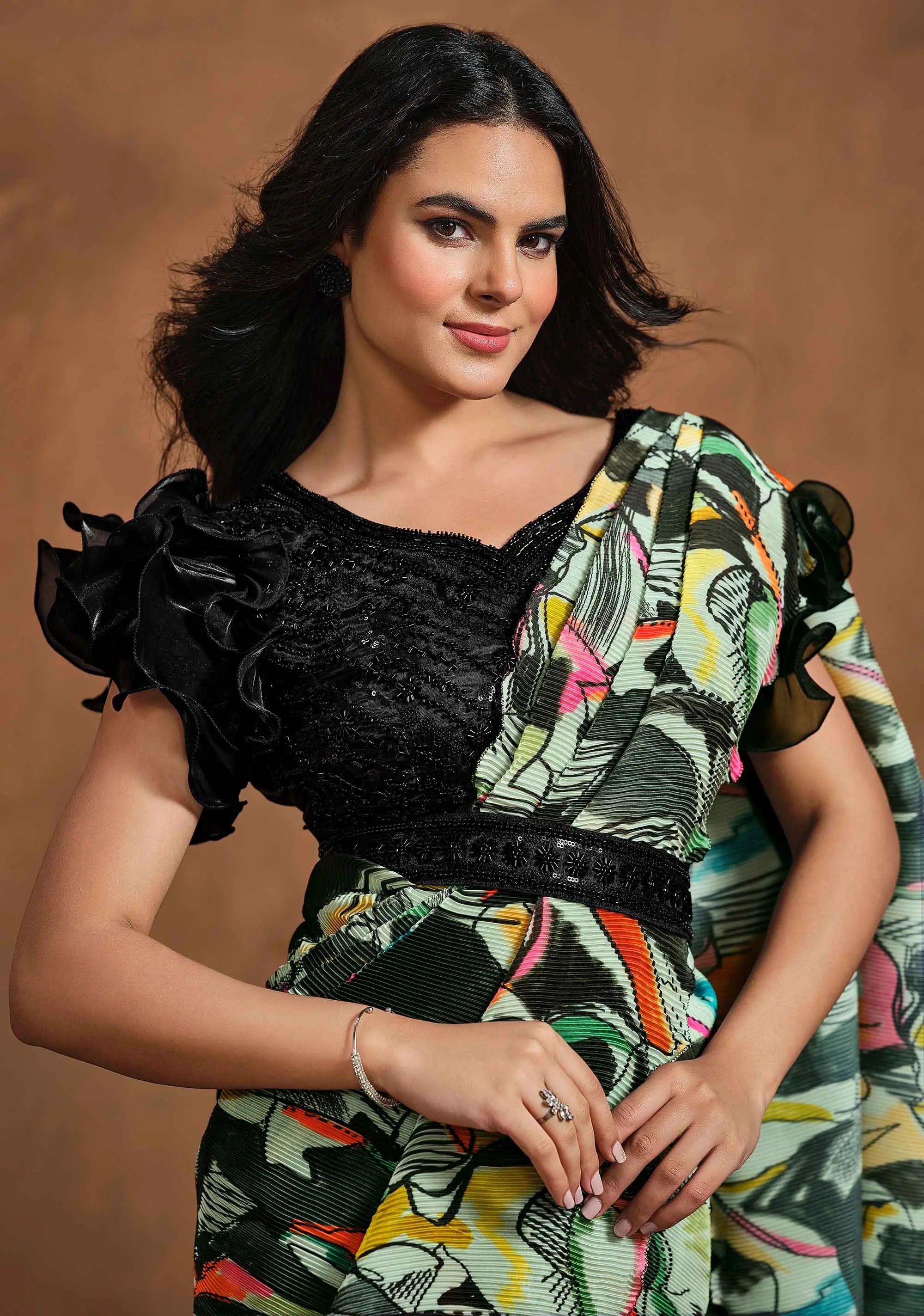 Multi Color Digital Print Ready To Wear Saree With Hand Work Blouse - qivii