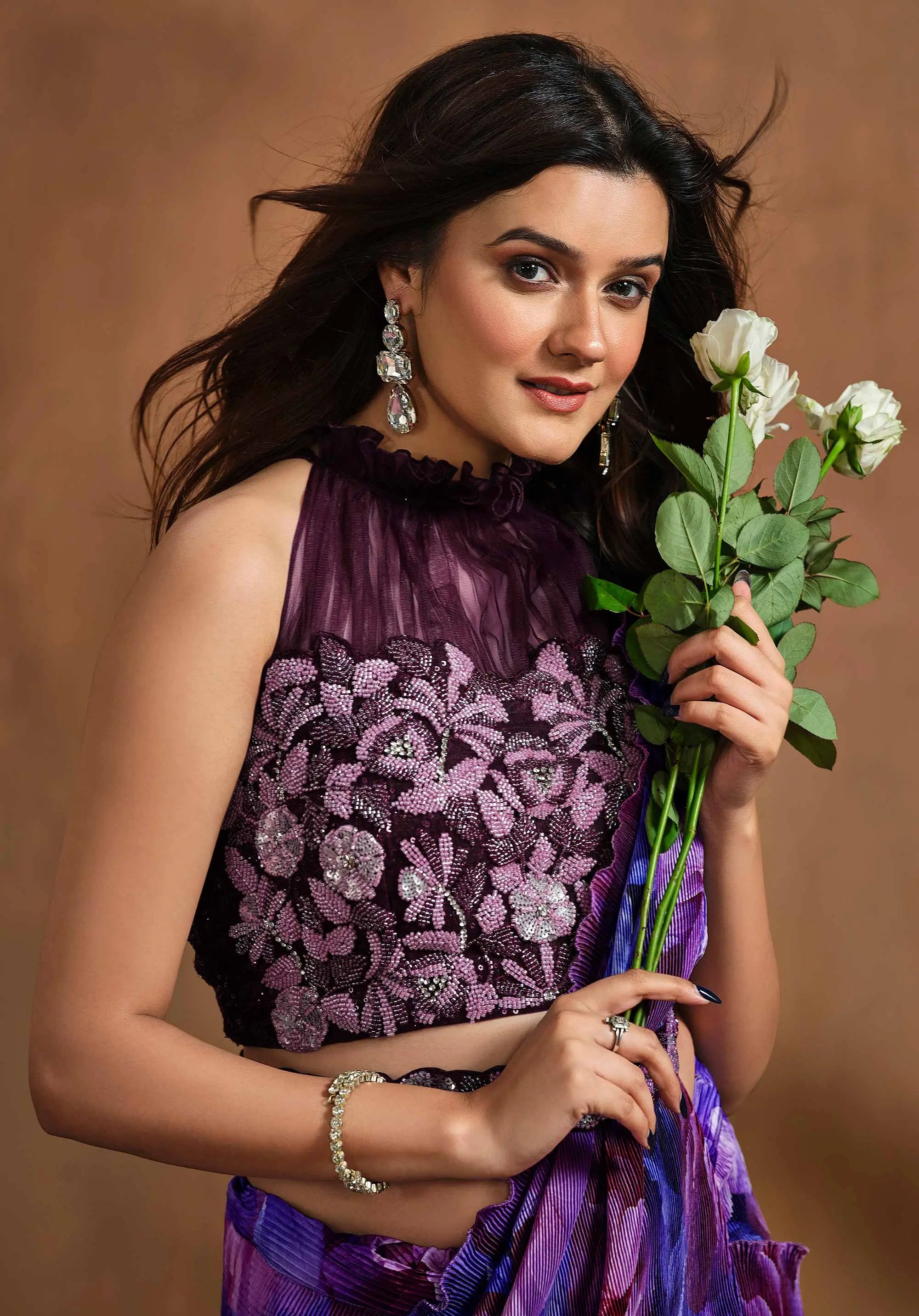 Twilight Purple Floral Digital Print One Minute Saree With Beads Hand Work - qivii