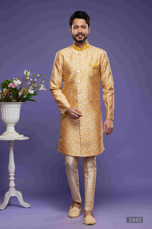 Men's Banarasi Jacquard Embroidery Semi Indo Western Sherwani In Yellow Colour