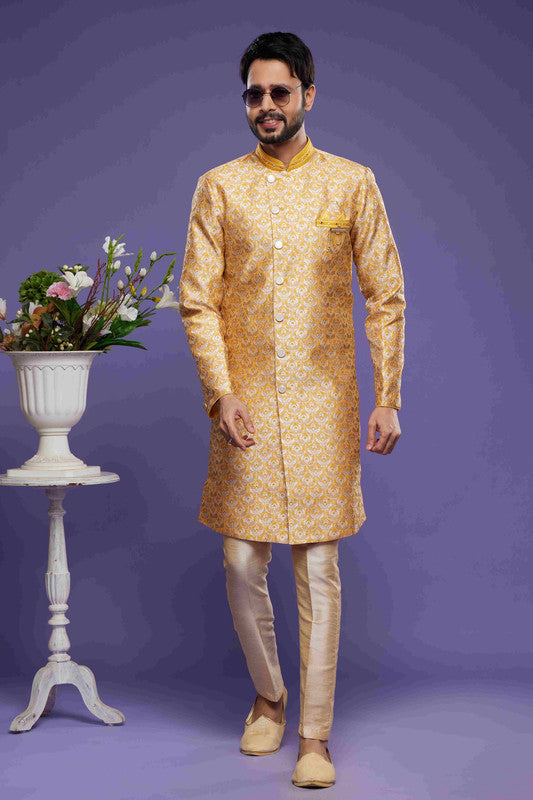 Men's Banarasi Jacquard Embroidery Semi Indo Western Sherwani In Yellow Colour