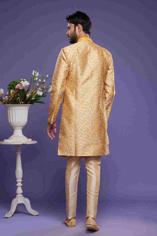 Men's Banarasi Jacquard Embroidery Semi Indo Western Sherwani In Yellow Colour