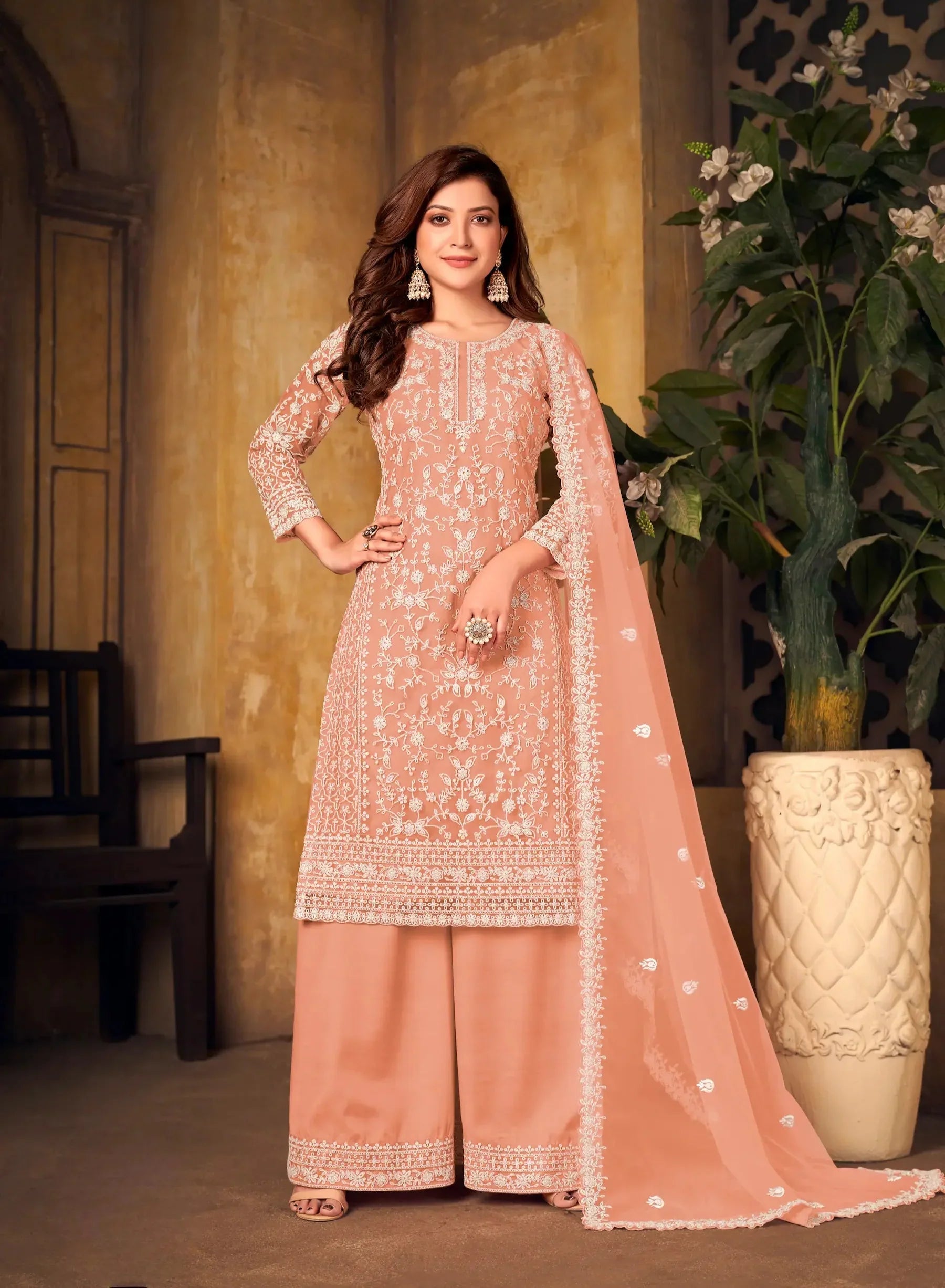 Peach Net Thread & Sequence Embroidery Work Salwar Suit - qivii