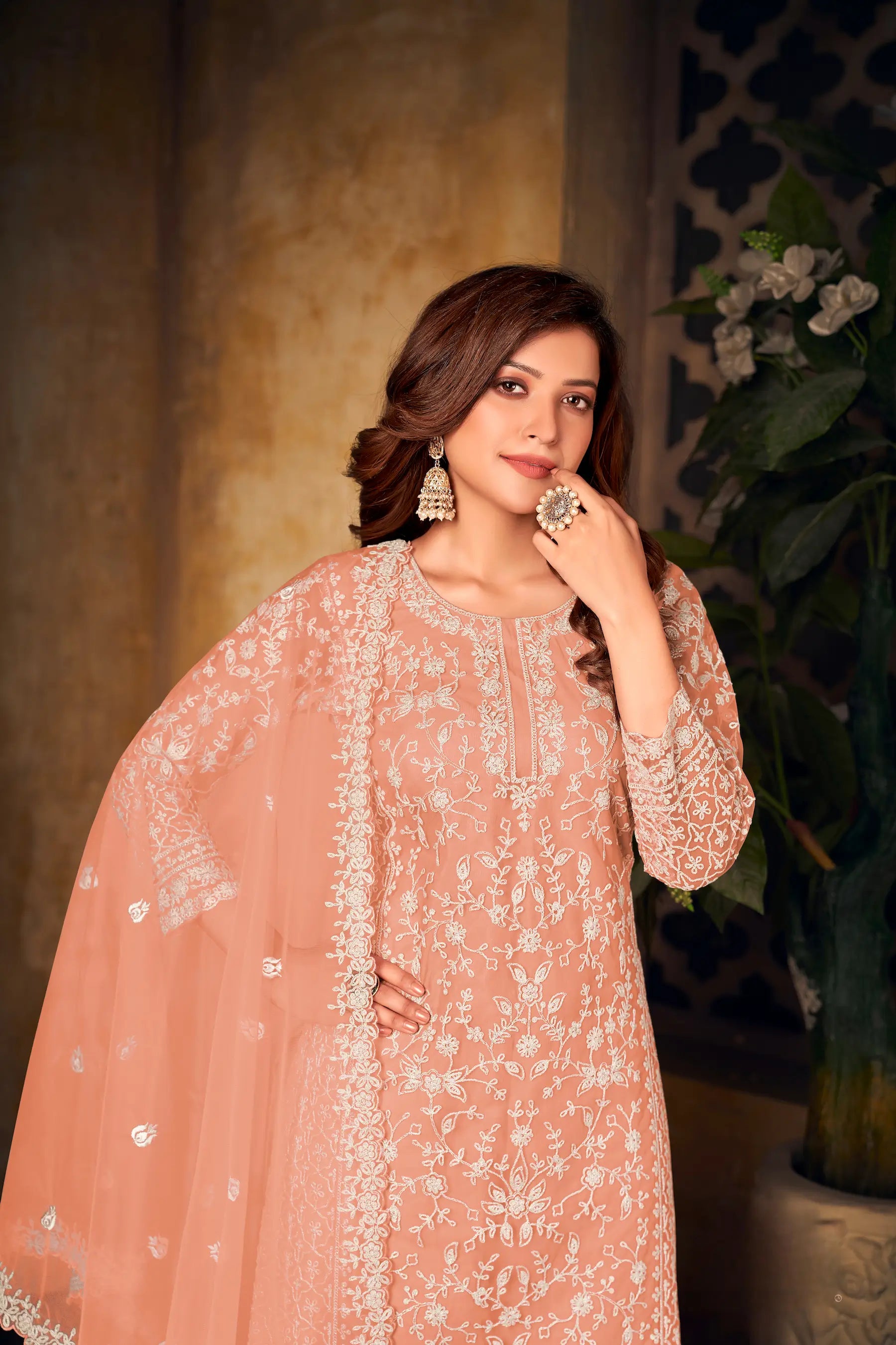 Peach Net Thread & Sequence Embroidery Work Salwar Suit - qivii