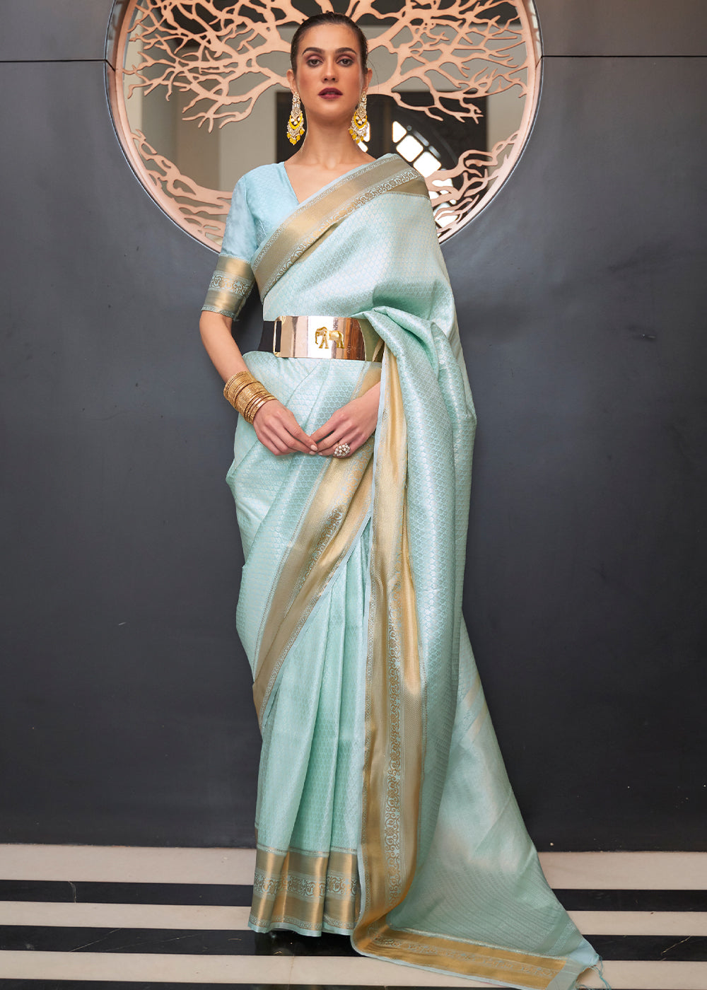 Baby Blue Woven Soft Silk Saree - qivii