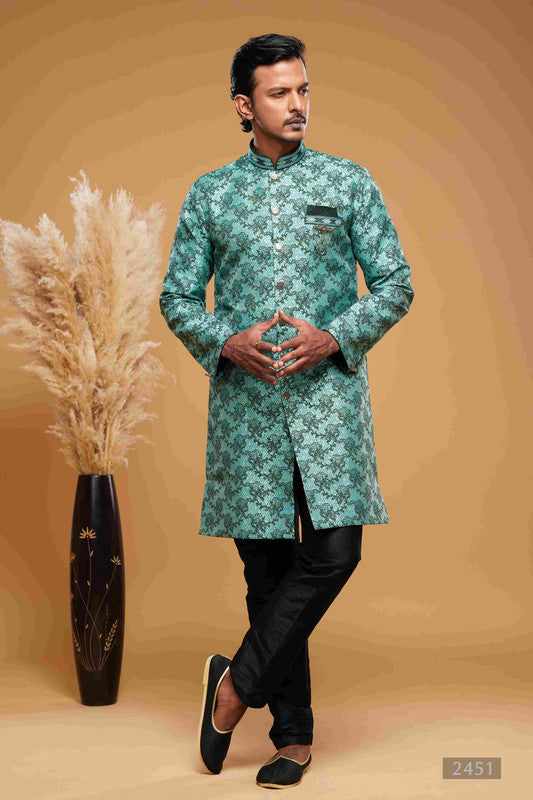 Men's Banarasi Jacquard Embroidery Semi Indo Western Sherwani In Green Colour
