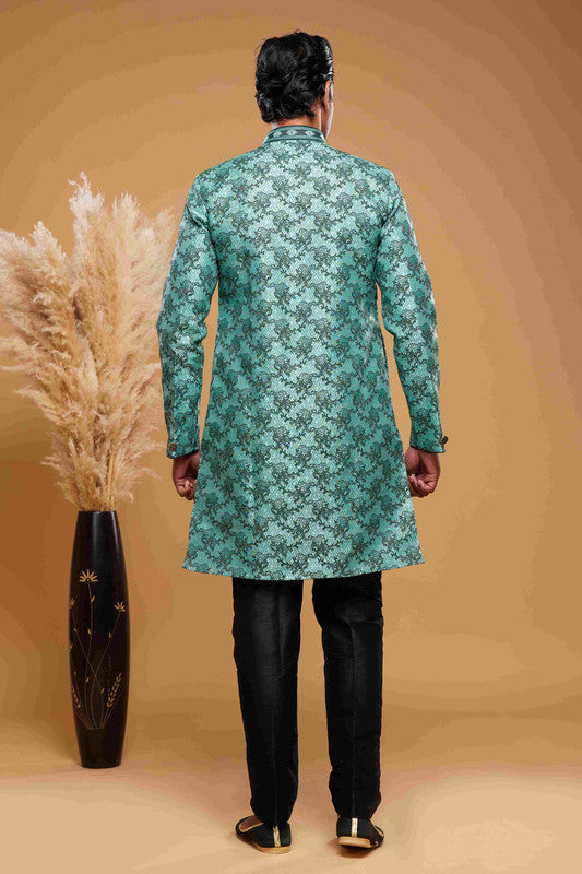 Men's Banarasi Jacquard Embroidery Semi Indo Western Sherwani In Green Colour