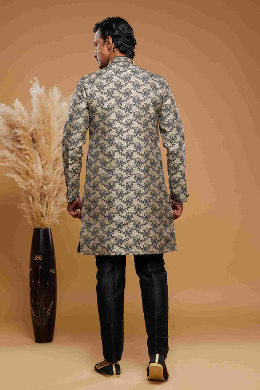 Men's Banarasi Jacquard Embroidery Semi Indo Western Sherwani In Beige Black Colour