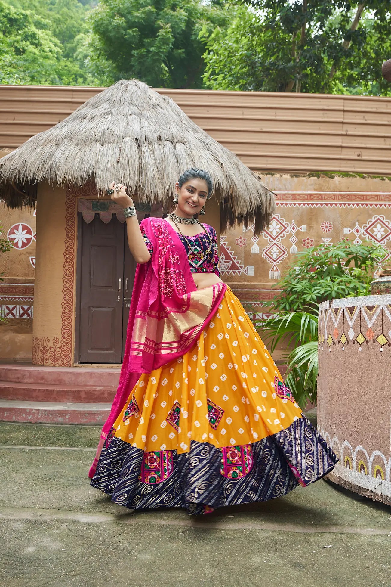 Yellow Muslin Cotton Navratri Lehenga Choli With Thread Embroidery & Mirror Work