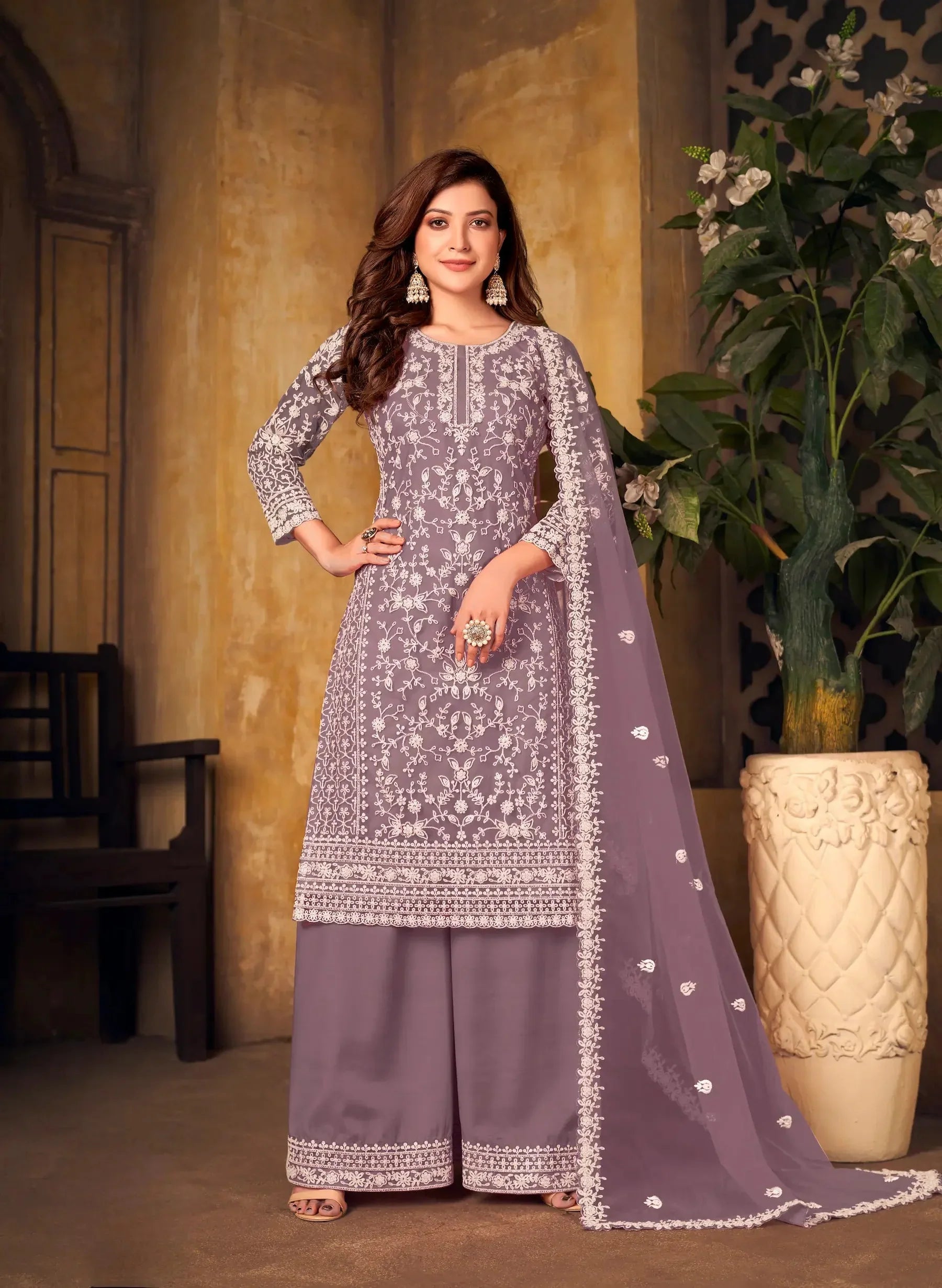 Dusty Lavender Net Thread & Sequence Embroidery Work Salwar Suit - qivii