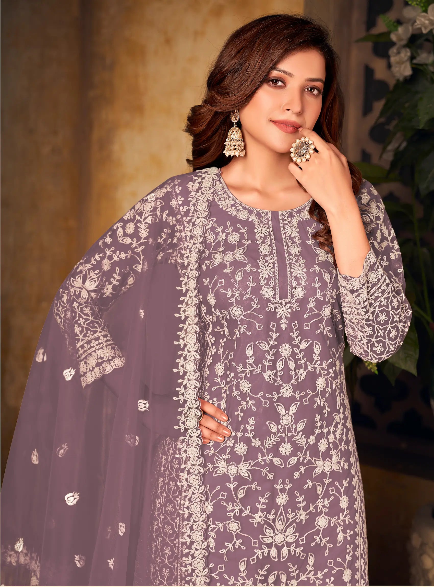 Dusty Lavender Net Thread & Sequence Embroidery Work Salwar Suit - qivii