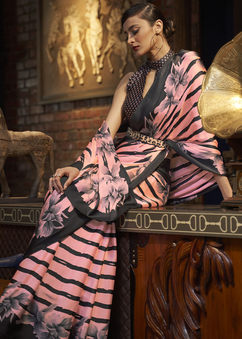Mauvelous Pink Designer Satin Crepe Printed Saree - qivii