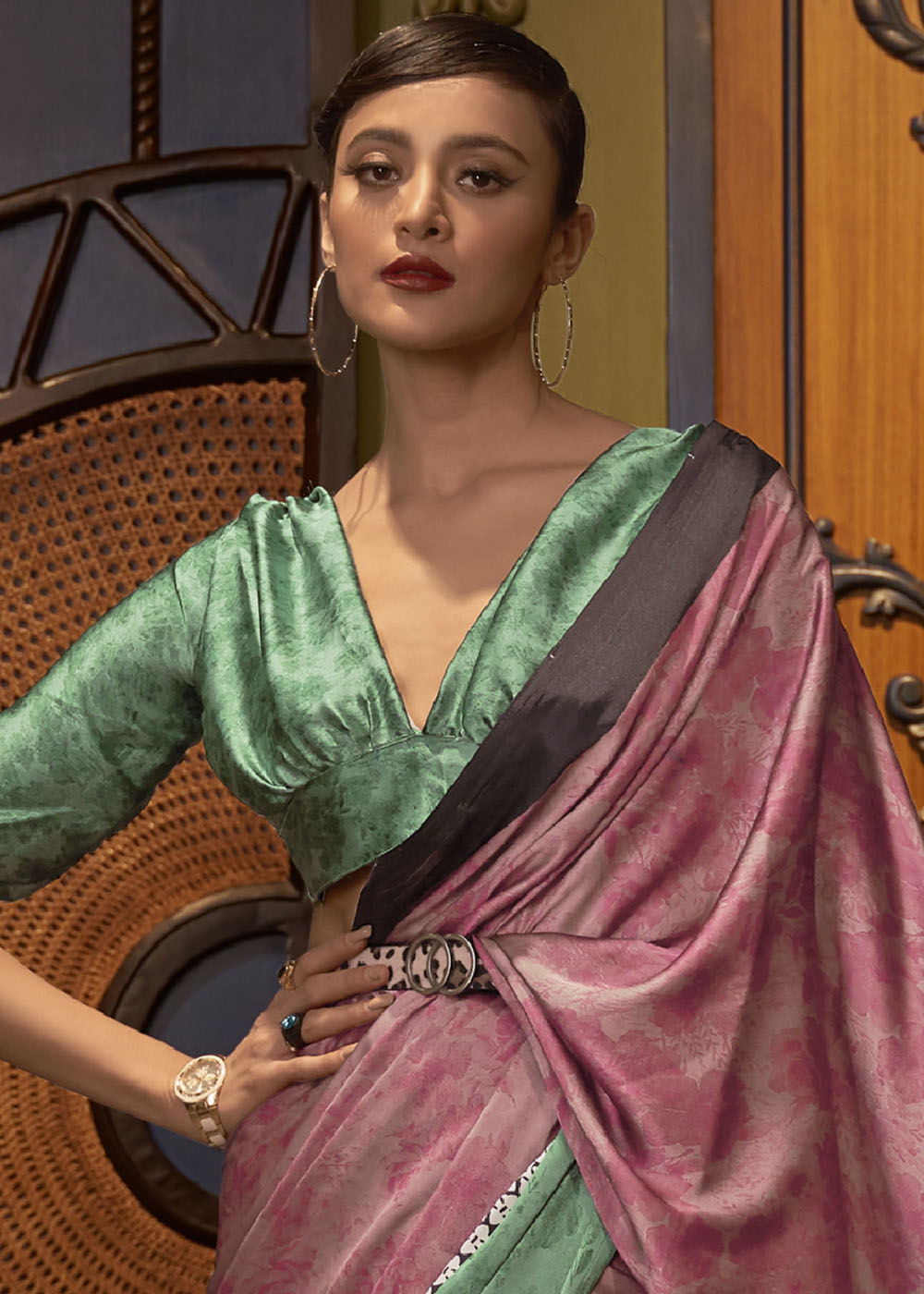 Green & Pink Designer Satin Crepe Printed Saree - qivii