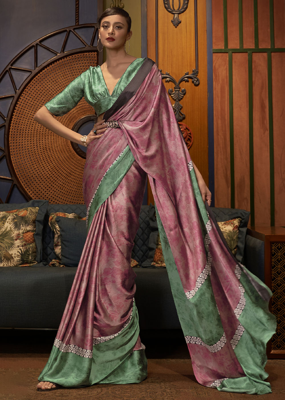 Green & Pink Designer Satin Crepe Printed Saree - qivii