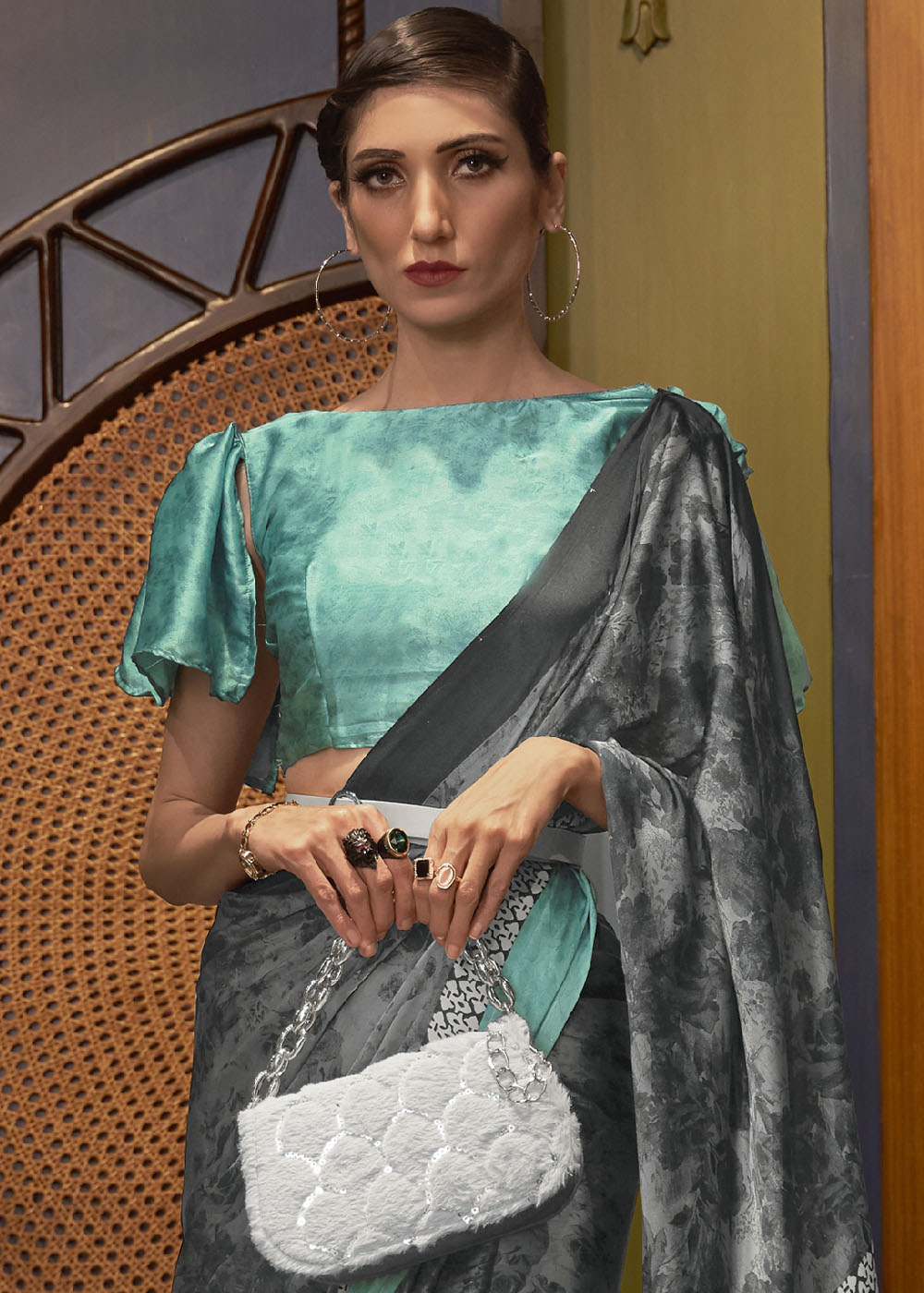 Grey & Blue Designer Satin Crepe Printed Saree - qivii