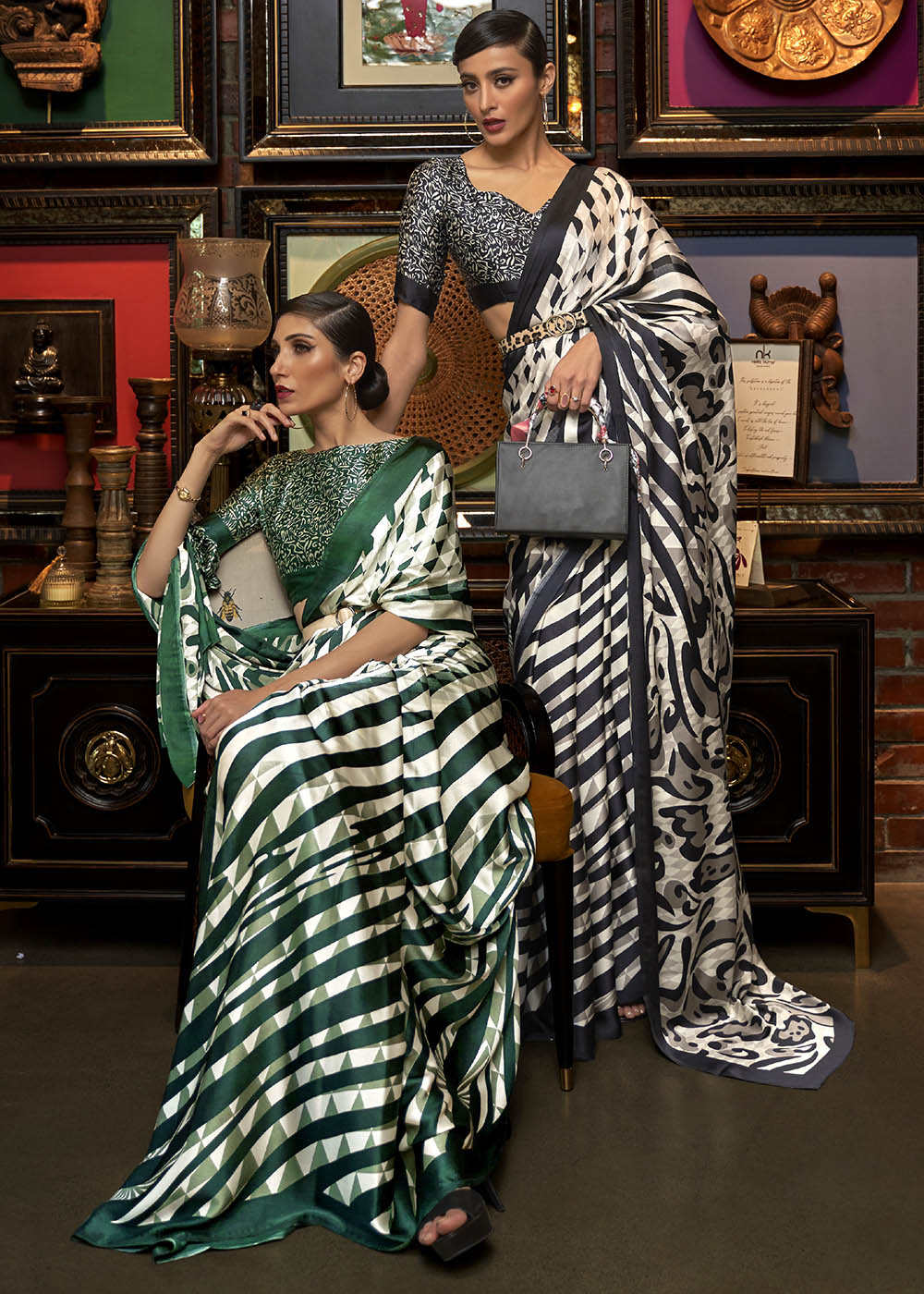 Green & White Designer Satin Crepe Printed Saree - qivii