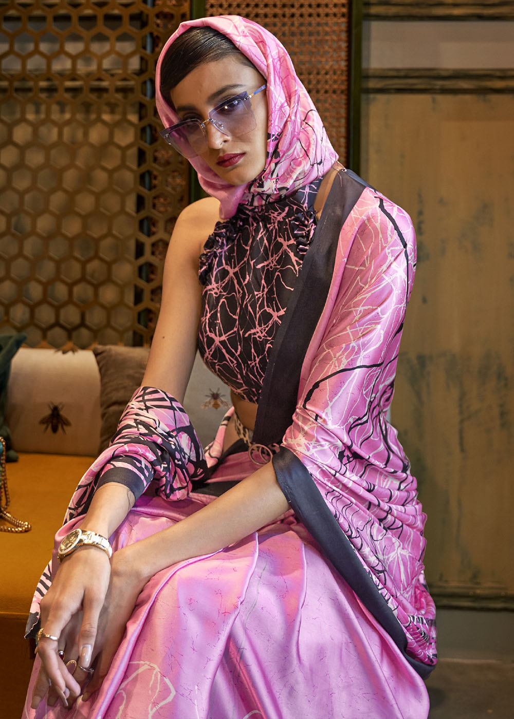 Taffy Pink Designer Satin Crepe Printed Saree - qivii