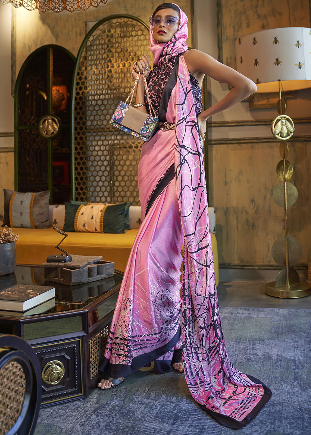 Taffy Pink Designer Satin Crepe Printed Saree - qivii