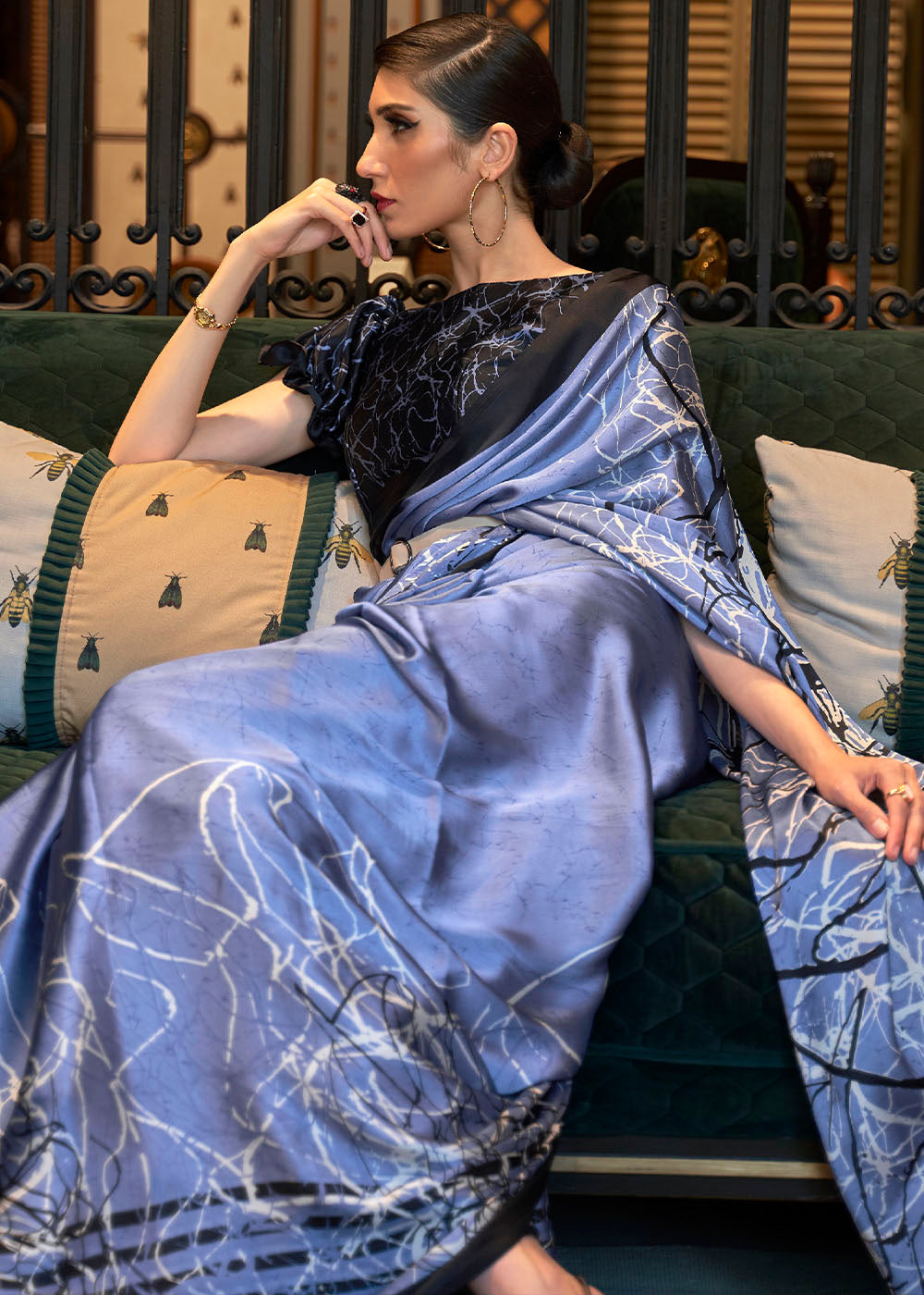 Steel Blue Designer Satin Crepe Printed Saree - qivii