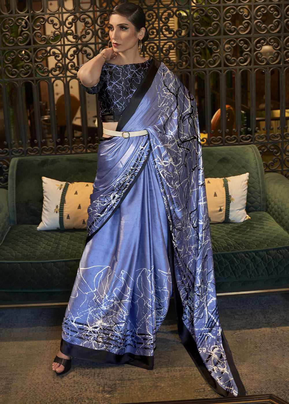 Steel Blue Designer Satin Crepe Printed Saree - qivii