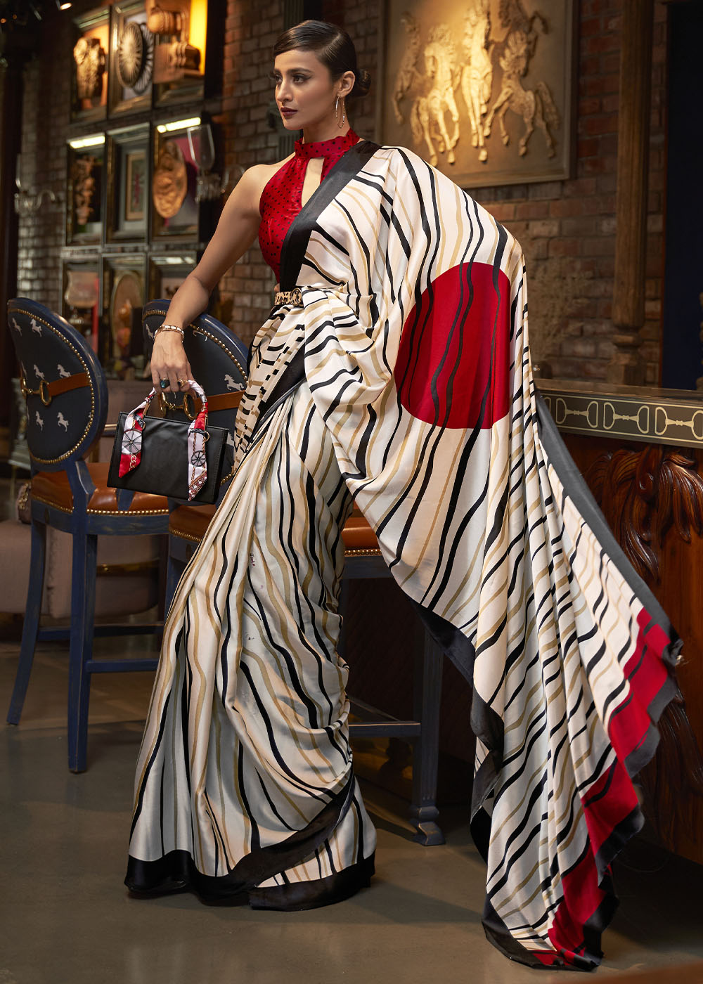 Daisy White Designer Satin Crepe Printed Saree : Top Pick - qivii