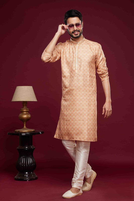 Men's Art Silk Digital Print Pintux Work Kurta Pajama In Peach Colour