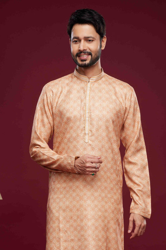 Men's Art Silk Digital Print Pintux Work Kurta Pajama In Peach Colour