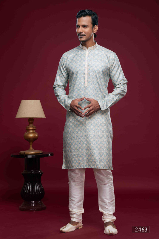 Men's Art Silk Digital Print Pintux Work Kurta Pajama In Sky Blue Colour
