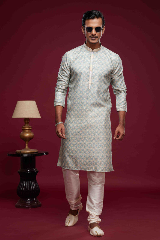 Men's Art Silk Digital Print Pintux Work Kurta Pajama In Sky Blue Colour