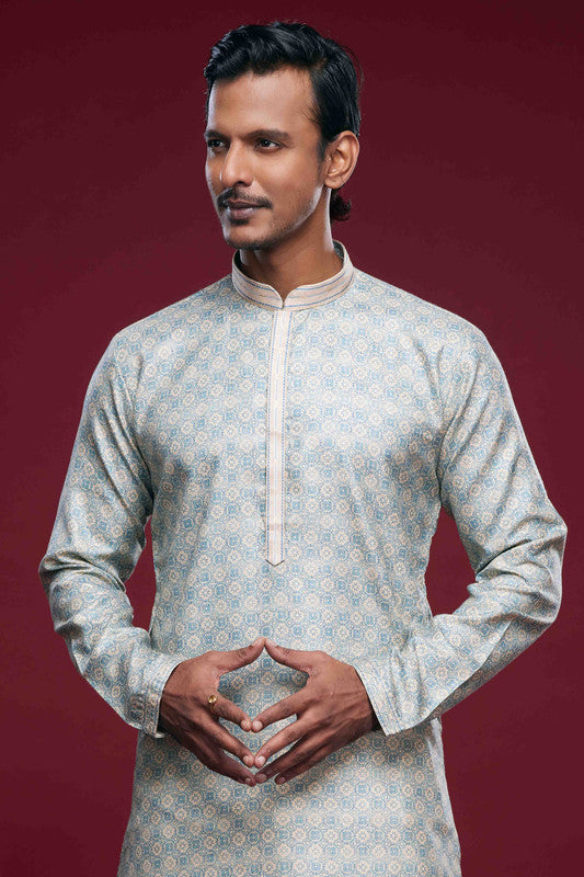 Men's Art Silk Digital Print Pintux Work Kurta Pajama In Sky Blue Colour