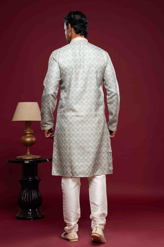 Men's Art Silk Digital Print Pintux Work Kurta Pajama In Sky Blue Colour