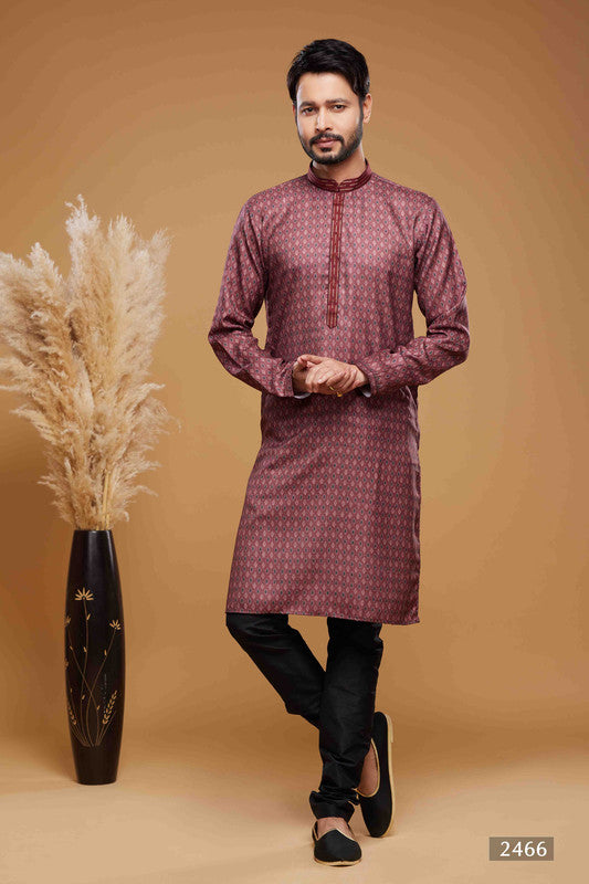 Men's Art Silk Digital Print Pintux Work Kurta Pajama In Maroon Colour