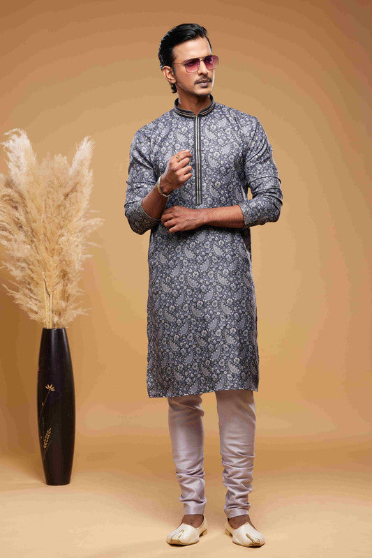 Men's Art Silk Digital Print Pintux Work Kurta Pajama In Blue And Grey Colour
