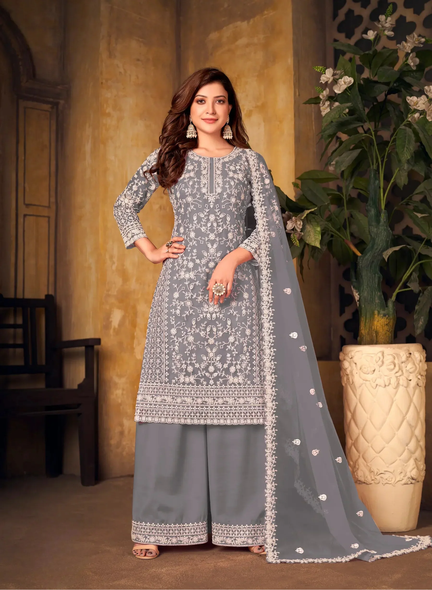 Grey Net Thread & Sequence Embroidery Work Salwar Suit - qivii