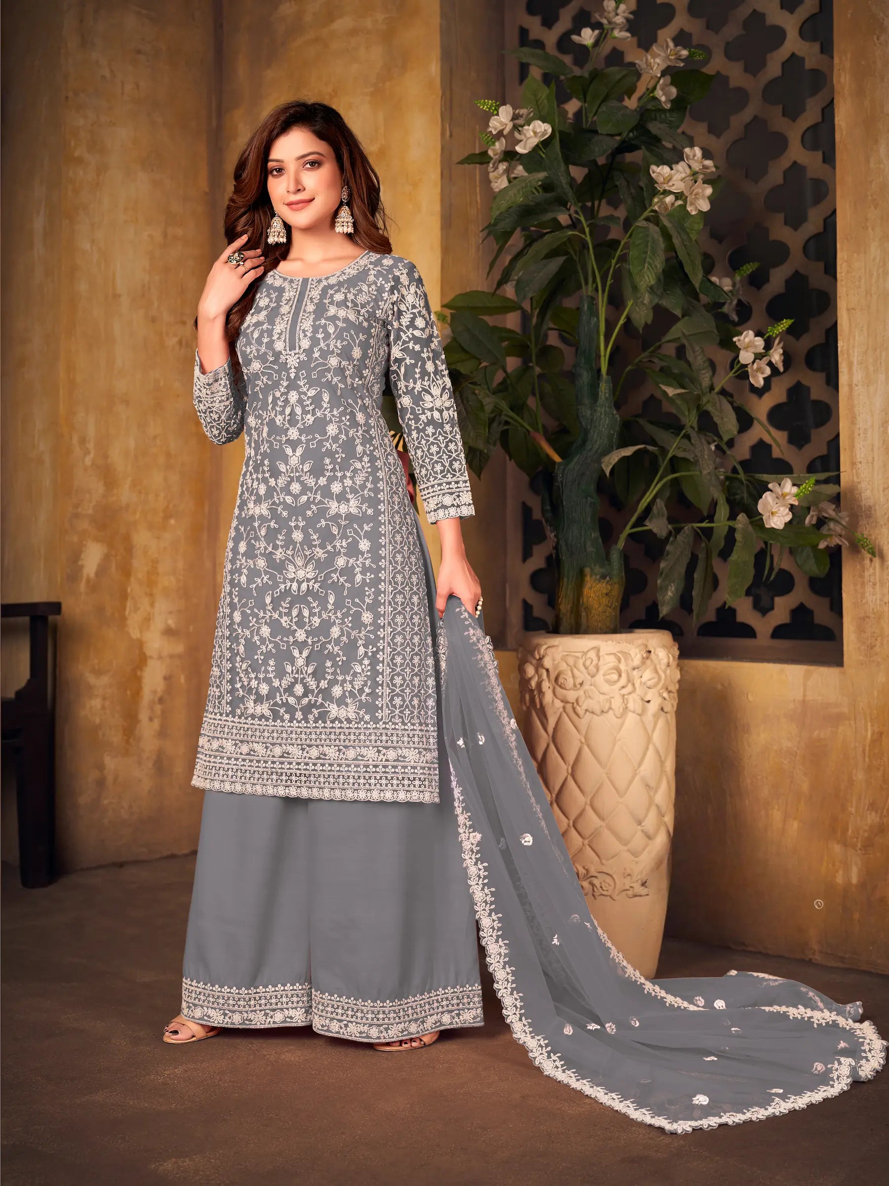 Grey Net Thread & Sequence Embroidery Work Salwar Suit - qivii