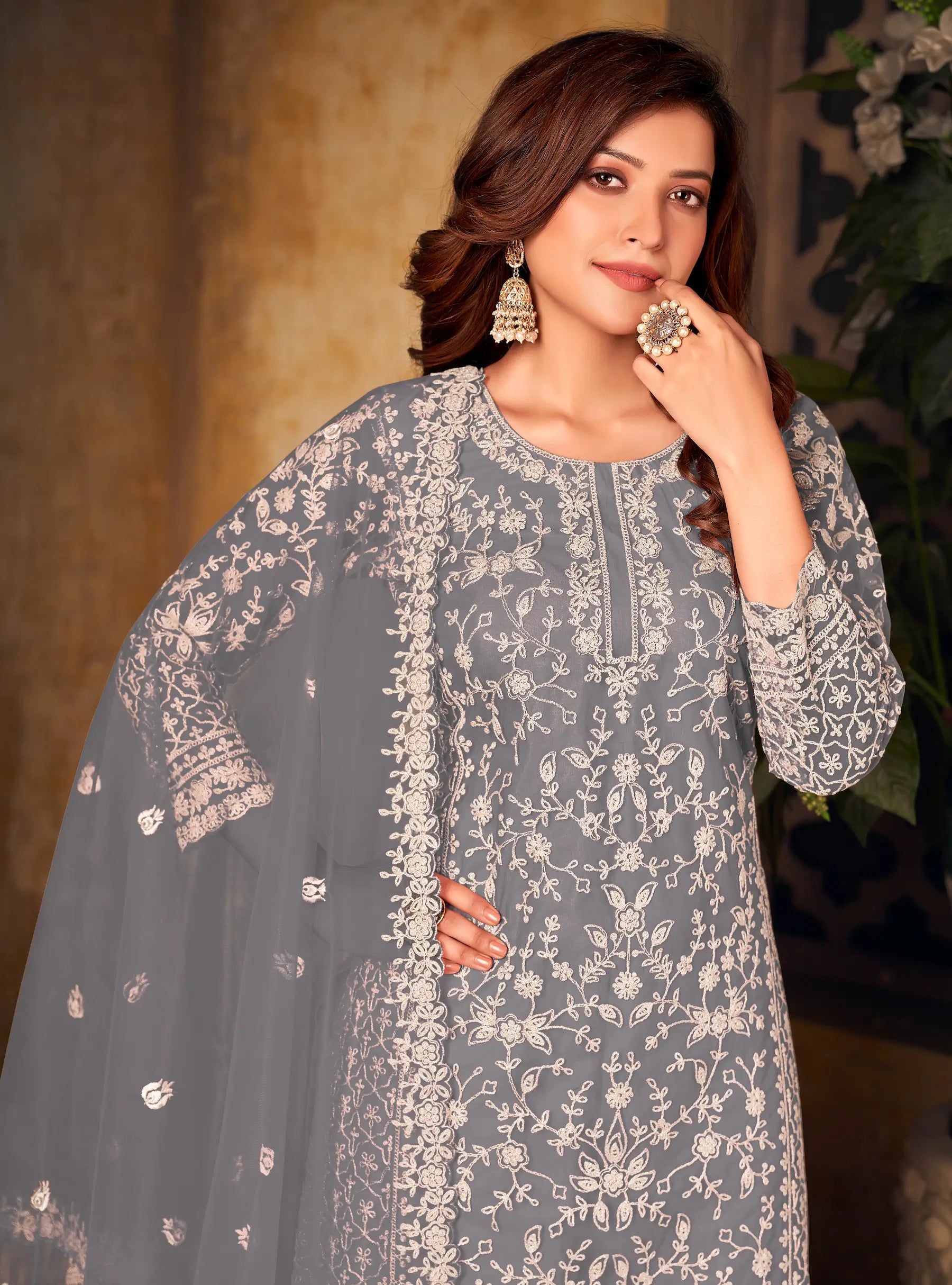 Grey Net Thread & Sequence Embroidery Work Salwar Suit - qivii