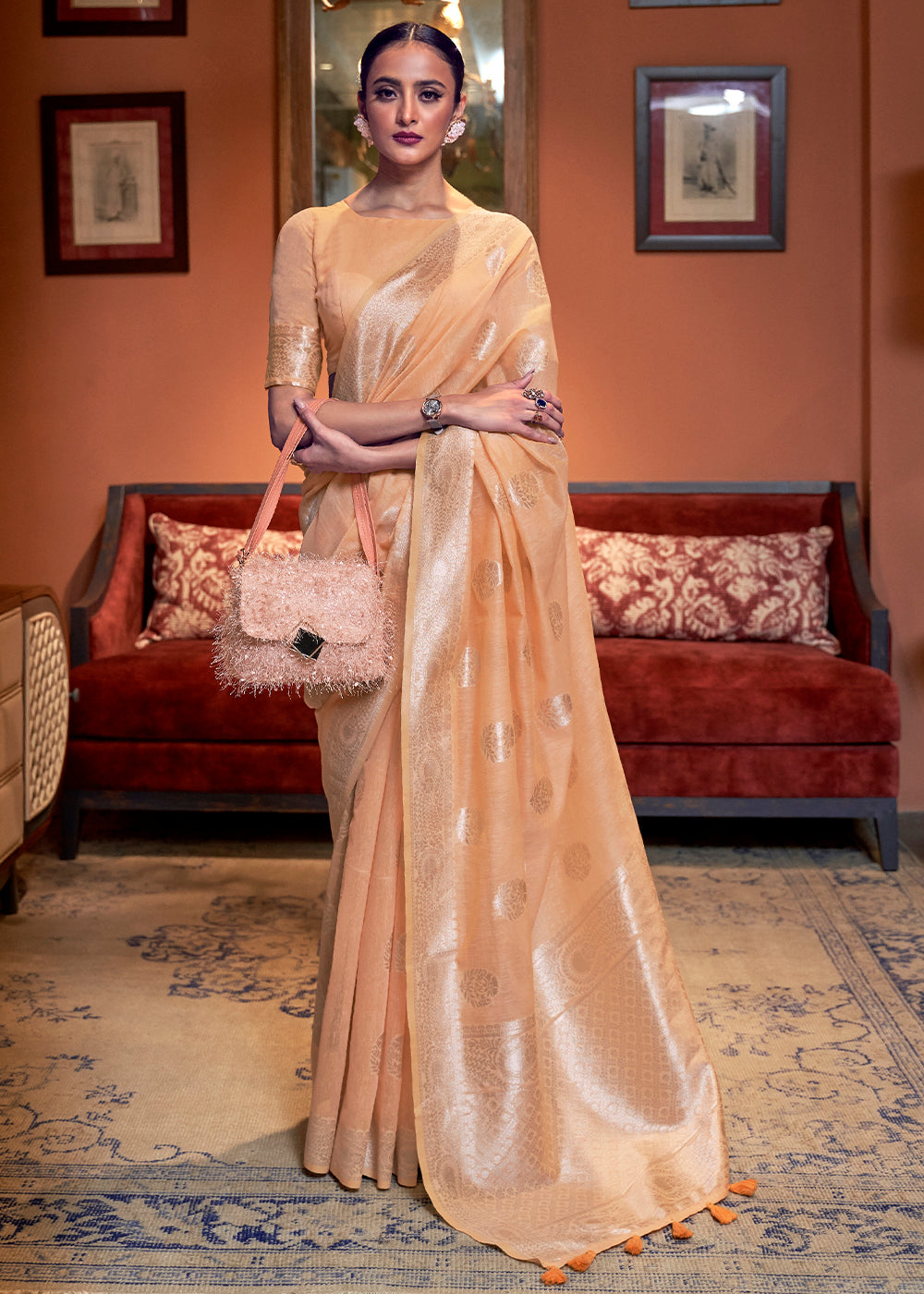 Melon Orange Woven Linen Silk Saree - qivii
