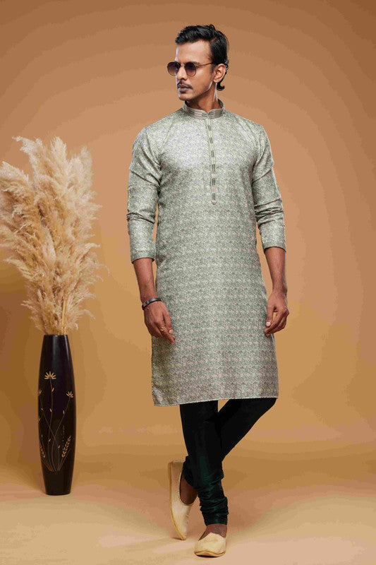 Men's Art Silk Digital Print Pintux Work Kurta Pajama In Green Colour